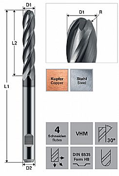 Fullradiefräs, 4-skärig med Coating